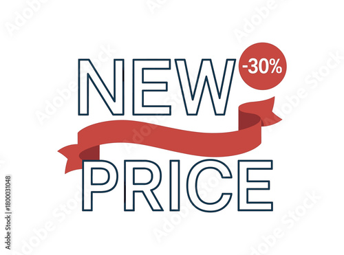 flat vector banner with text NEW PRICE curved red ribbon threading through big outlined letters neat business style small badge 30%