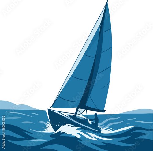 Blue sailboat with single person sailing on choppy blue water