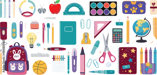 Colorful school supplies vector illustration with backpack, stationery items, notebooks, pencils, rulers, globe, creative education themed flat lay design
