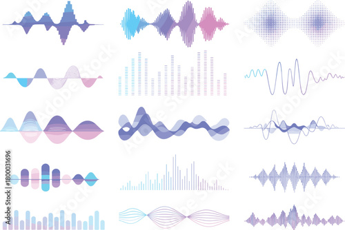 Colorful sound wave collection, gradient audio waveform set, music equalizer visualization design, digital frequency spectrum vector for sound and voice analysis