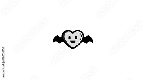 Cute Cartoon Heart with Bat Wings and Smiling Face Icon - Halloween Spooky Love Symbol Graphic for Web and Design