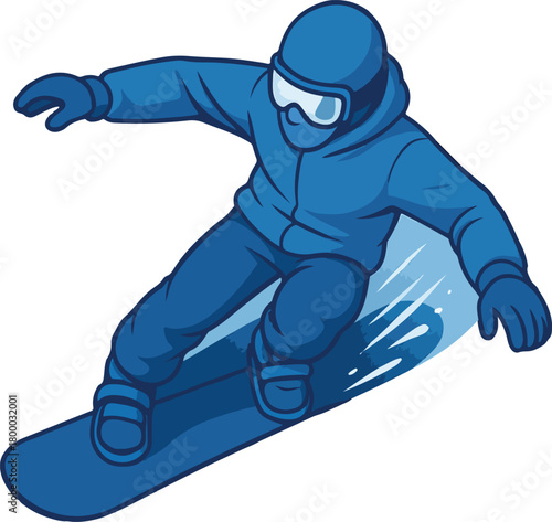 Blue snowboarder in motion on white background snowboarding