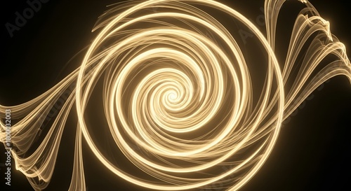 Mesmerizing abstract digital art featuring a vibrant golden glowing spiral and dynamic luminous swirling lines, creating an energy vortex on a black background