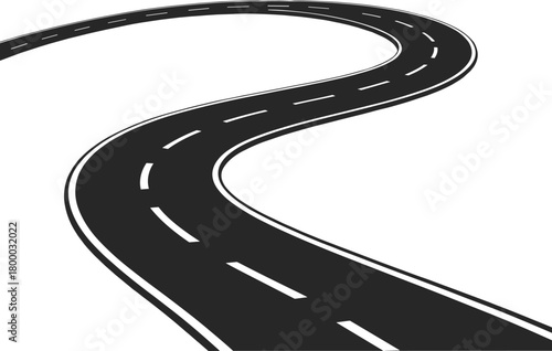 Curved highway road illustration with lane markings, perspective asphalt route, black and white winding path design, transportation travel concept vector