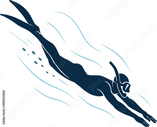 Dark blue silhouette of a snorkeler swimming underwater