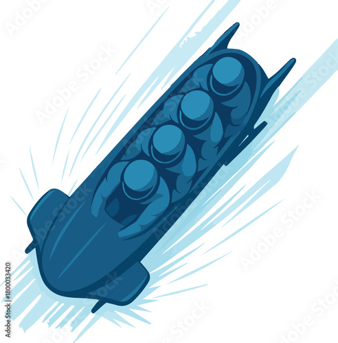 Four person bobsled team in dark blue racing down an icy track
