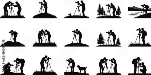 photography, tripod, silhouette, outdoor, nature, camera, landscape, collaboration, mountain, forest, dog, grassy, pose, hobby, professional
