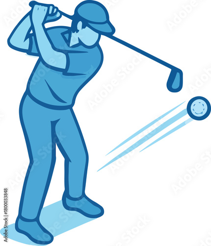 Golfer swinging club hitting ball blue illustration