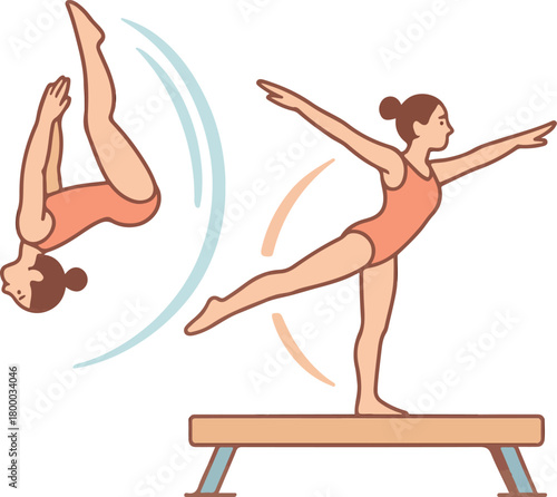 Gymnastics balance beam and tumbling action illustration
