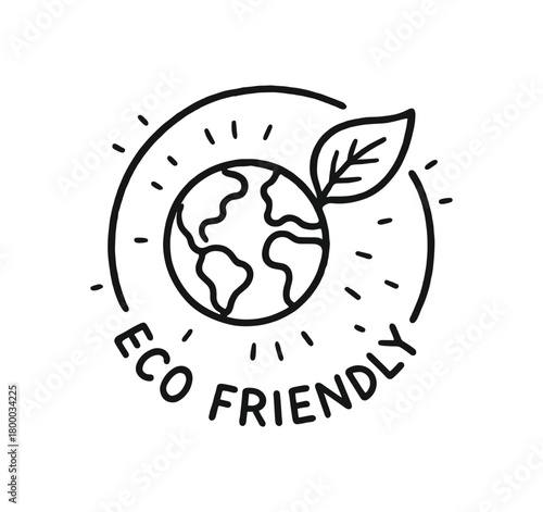 handdrawn cute doodle style eco friendly badge with leaf and planet vector line illustration