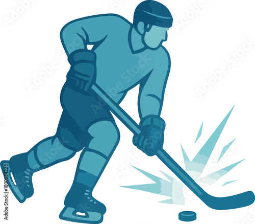Ice hockey player in motion hitting puck sport action