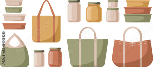 Reusable containers and bags vector flat design illustration zero waste lifestyle eco friendly kitchen household items shopping