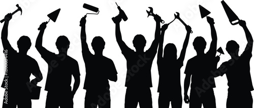 Construction workers team silhouette holding tools illustration, teamwork concept vector design for labor day, industry, repair, maintenance, and building service theme