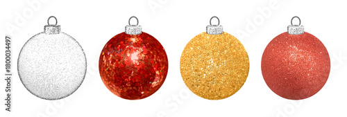 Vector illustration of four sparkling Christmas ornaments in glitter and stipple textures