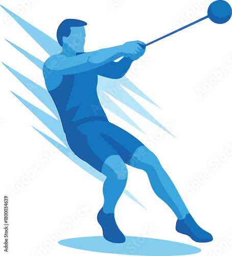 Male athlete swinging hammer throw in blue sport athletics