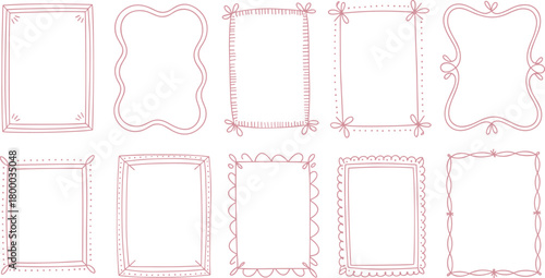 Cute pink decorative hand drawn frames collection with bows, doodle borders, floral accents, whimsical outline design for scrapbook and stationery