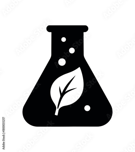 green chemistry beaker with leaf flat black solid vector illustration isolated on white background