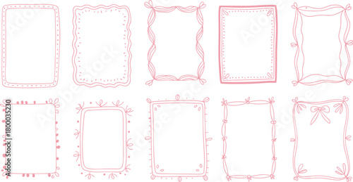 Cute pink decorative hand drawn frames collection with bows, doodle borders, floral accents, whimsical outline design for scrapbook and stationery