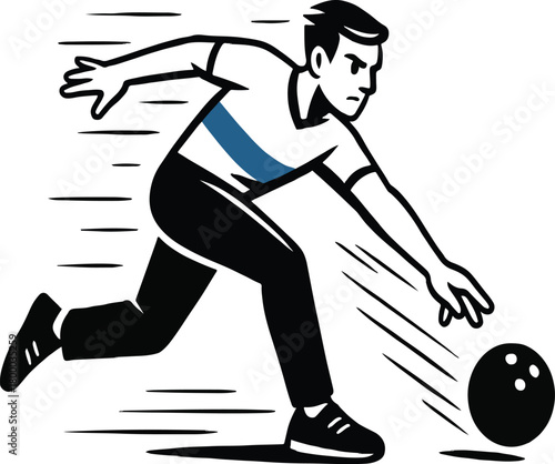 Man bowling a black ball with motion lines sport game