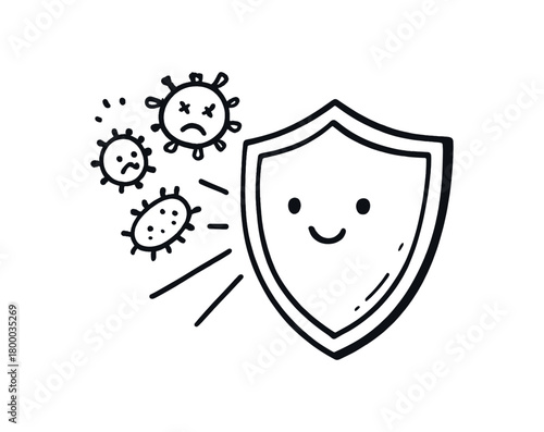handdrawn cute doodle style antibacterial protection shield vector line illustration