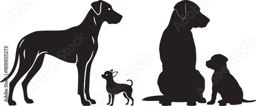 Silhouettes of diverse dog breeds, large and small, adult and puppy companions isolated on white background, Vector