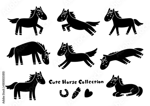 かわいい馬のモノクロイラスト いろいろなポーズコレクション