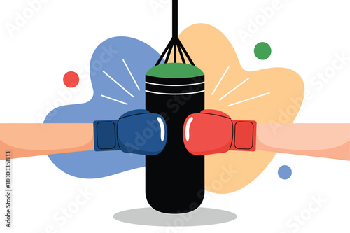 Boxing gloves hitting punching bag, training for sport and fitness