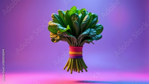 A bouquet of green leafy vegetables in a vase on a pink and purple background.