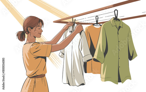 Woman hanging clean clothes on clothesline laundry day household chores summer sun rays woman doing washing sunlight shines through blinds illustration