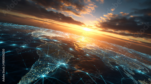 Fototapeta Naklejka Na Ścianę i Meble -  Global Network Connectivity Overlay on Earth at Sunset - Digital Connections Spanning Continents