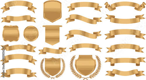 Elegant golden ribbons and shields collection, luxury award banner set, premium decorative vintage frames, blank gold labels for design, vector template