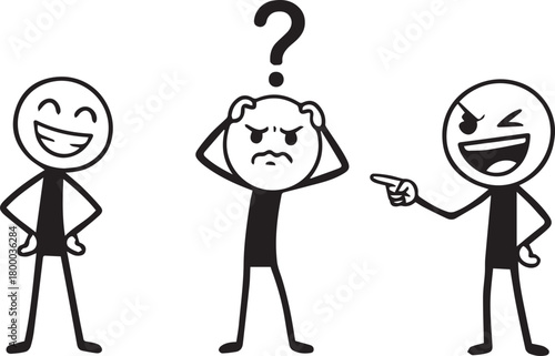 Three stick figures with different emotions, confused and bullying monochrome vector illustration