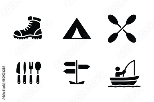Outdoor adventure icons collection: camping, hiking, kayaking, fishing