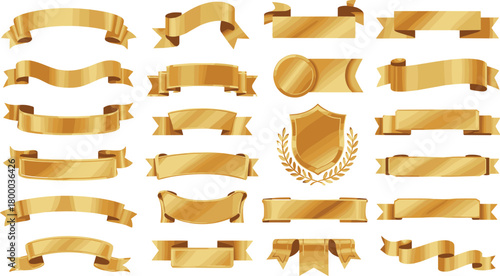 Elegant golden ribbons and shields collection, luxury award banner set, premium decorative vintage frames, blank gold labels for design, vector template
