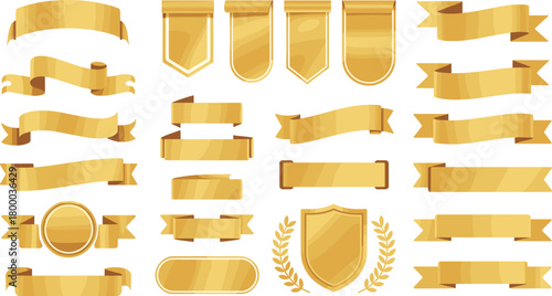 Elegant golden ribbons and shields collection, luxury award banner set, premium decorative vintage frames, blank gold labels for design, vector template