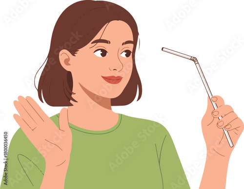 Young Woman Holding Straw and Gesturing About Conservation Environmental Awareness 130 Characters Limit in Vector Illustration Design
