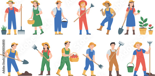 Farmers and gardeners working in vegetable garden, planting, harvesting crops, watering plants, holding tools, basket, gardening people illustration collection