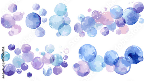 Pastel watercolor bubbles in blue and purple glossy round shapes in clustered borders. Perfect overlays for backgrounds, posters, cards, kids designs, and fresh aquatic themes.