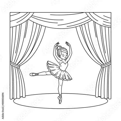 Young ballerina dancing en pointe on a stage with theater curtains