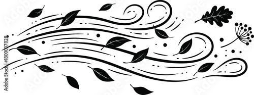 Black Silhouette Swirls and Falling Leaves on White Background autumn wind