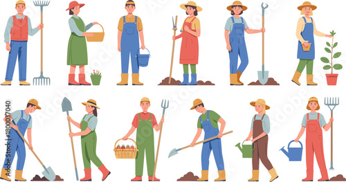 Farmers and gardeners working in vegetable garden, planting, harvesting crops, watering plants, holding tools, basket, gardening people illustration collection