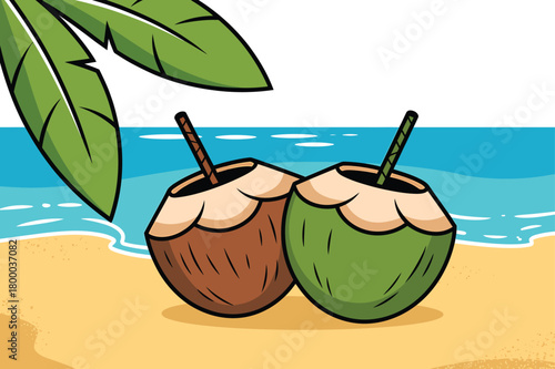 Two refreshing coconut drinks on a tropical beach vacation day