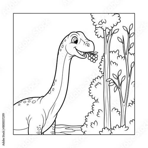 Happy cartoon dinosaur eating berries from a bush in a prehistoric forest