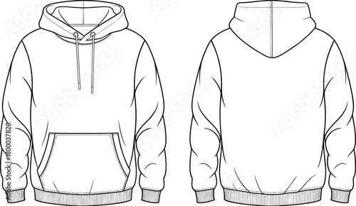 Art & IllustrationFront and back view of blank white hoodie sweatshirt template, isolated vector fashion illustration, casual clothing mockup for apparel design presentation
