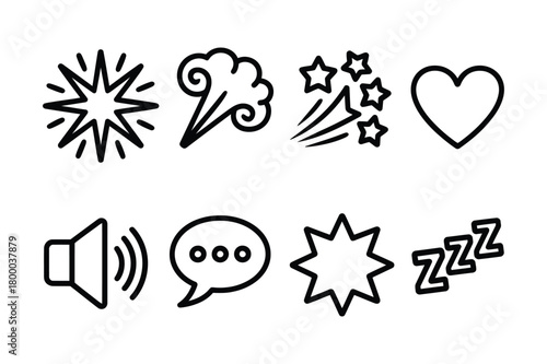 Comic book reaction line icons: starburst, heart, speech, zzz