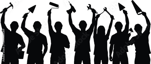 Construction workers team silhouette holding tools vector illustration, labor workforce unity concept, teamwork symbol for industry, engineering, repair, and building maintenance design