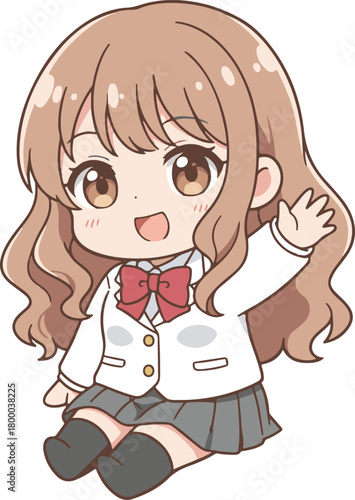 Chibi schoolgirl waving, cheerful anime sticker vector illustration