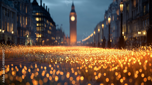 London street with big ben illuminated at night with golden lights