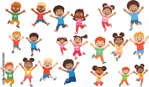 Happy diverse children jumping together with joy, cheerful kids playing outdoors, multicultural friendship, smiling group of boys and girls celebrating fun