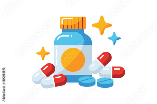 Medical drugs bottle with capsules and pills, healthcare icon